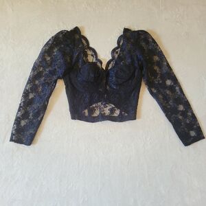 Vintage 90s Black Lace Corset Bustier Sheer Crop Top Whimsigoth